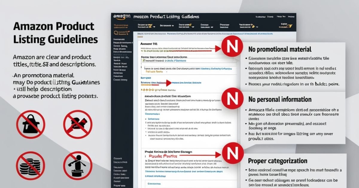 Ilustración de las directrices para listados de productos en Amazon, destacando la importancia de títulos y descripciones claras, la prohibición de material promocional en imágenes, y la correcta categorización de productos. Incluye iconos representando "sin material promocional," "sin información personal," y categorización adecuada.