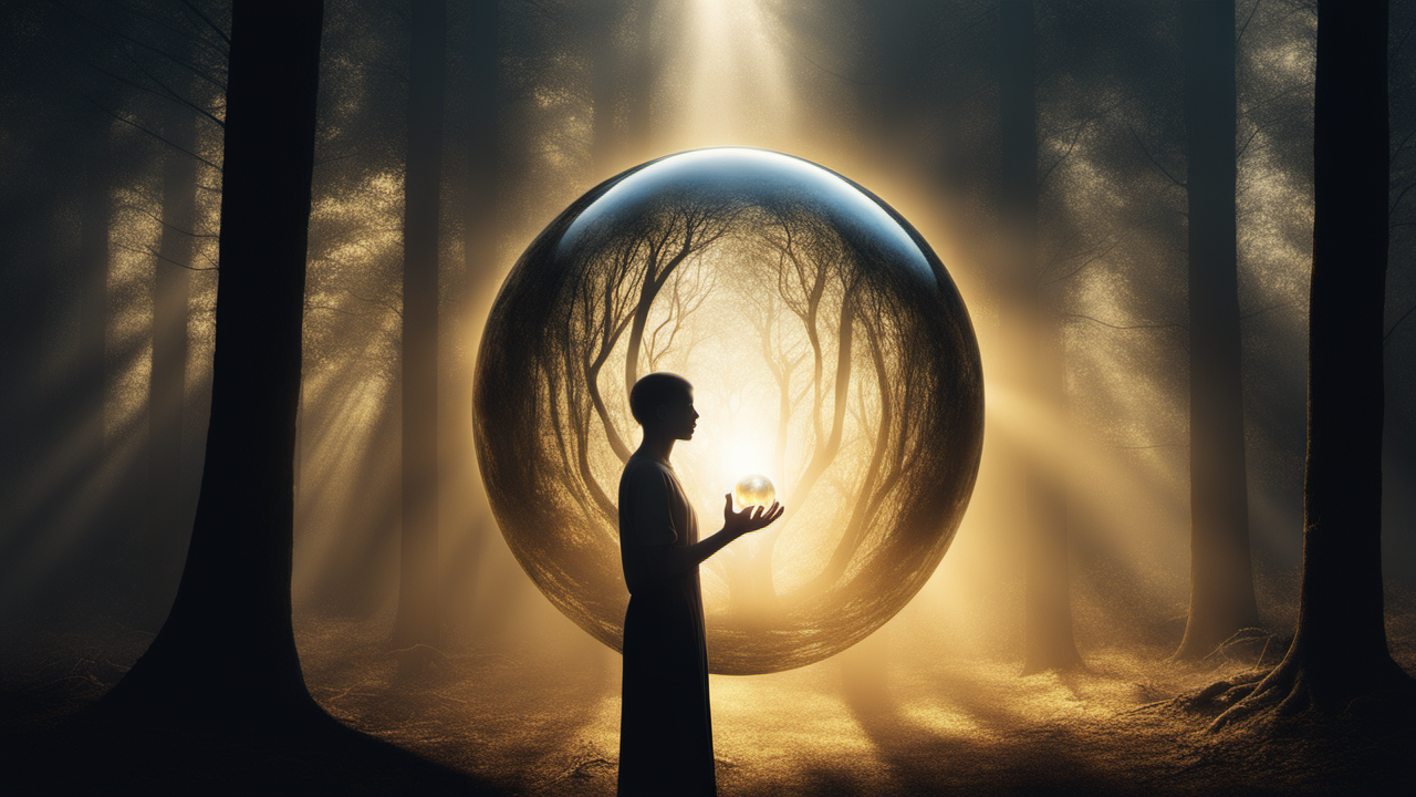 Persona sosteniendo un orbe luminoso en un bosque místico, mientras sombras giratorias son repelidas por la luz, destacando la paz y el renacimiento.