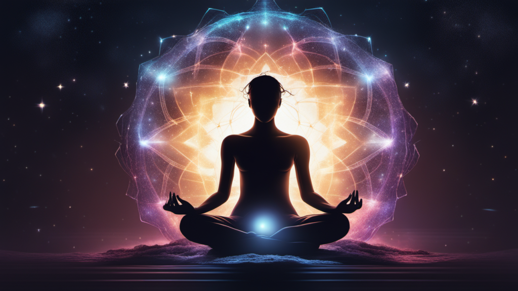 Imagen etérea de una persona meditando dentro de un escudo de energía luminosa, con sombras incapaces de atravesarlo, en un fondo cósmico lleno de estrellas.