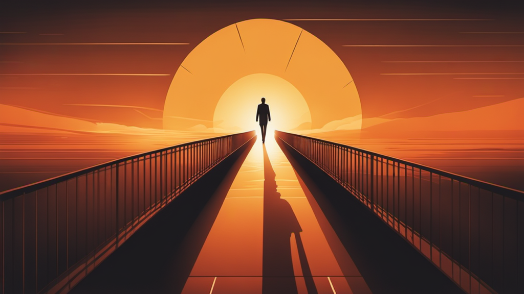 persona caminando con confianza sobre un puente de luz, dejando atrás figuras sombrías que desaparecen, con un amanecer brillante en el horizonte.