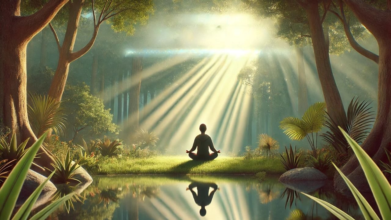 Escena serena y motivadora que simboliza el crecimiento personal y el amor propio, con una persona meditando en un bosque iluminado por rayos de sol