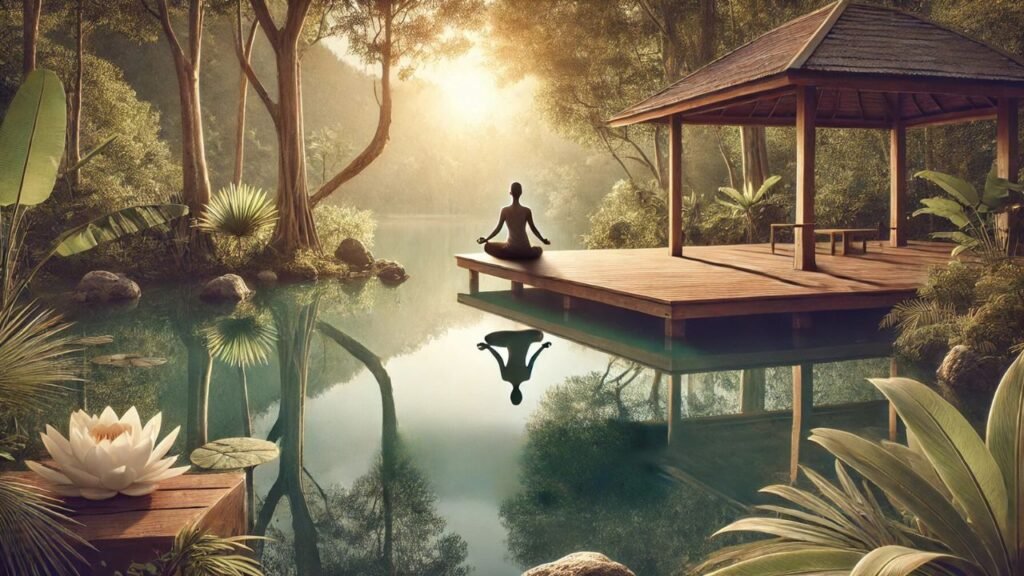 Imagen visualmente calmante que simboliza el equilibrio interior, con una persona practicando yoga en un muelle junto a un lago tranquilo rodeado de vegetación.