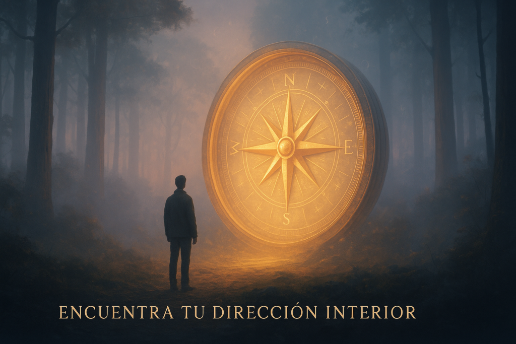 Persona descubriendo su brújula interior en un bosque espiritual envuelto en niebla al amanecer.