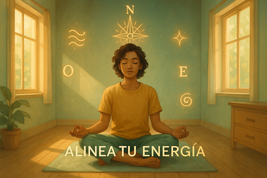 Joven meditando en una habitación cálida, iluminada por la luz del amanecer, con símbolos de energía y direcciones flotando.