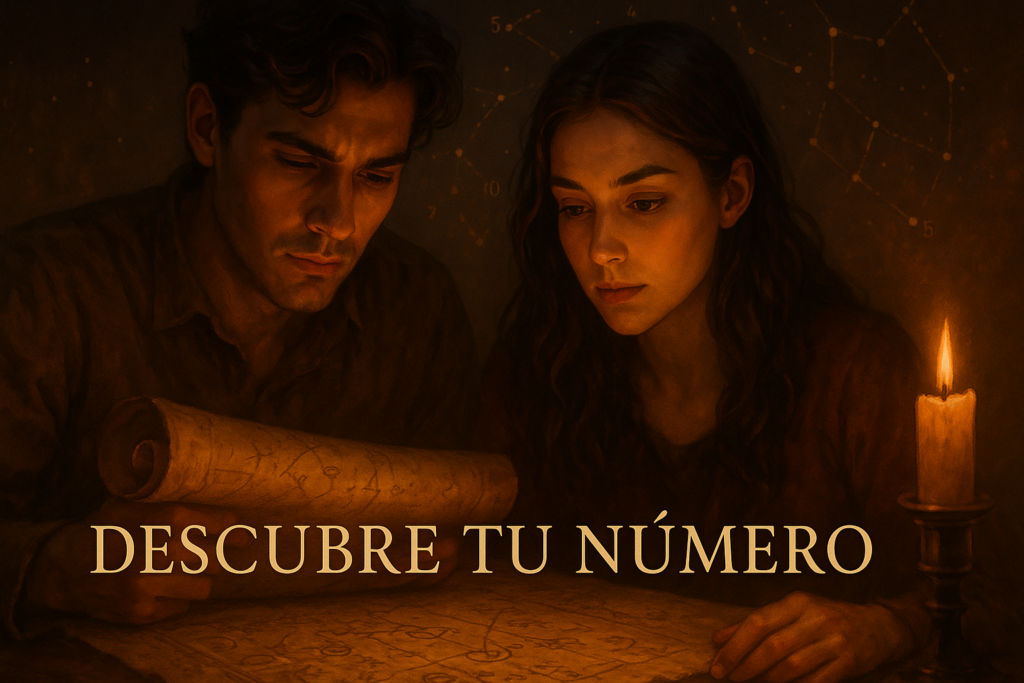 Hombre y mujer estudiando un mapa antiguo con símbolos místicos bajo una luz cálida, buscando su número personal.