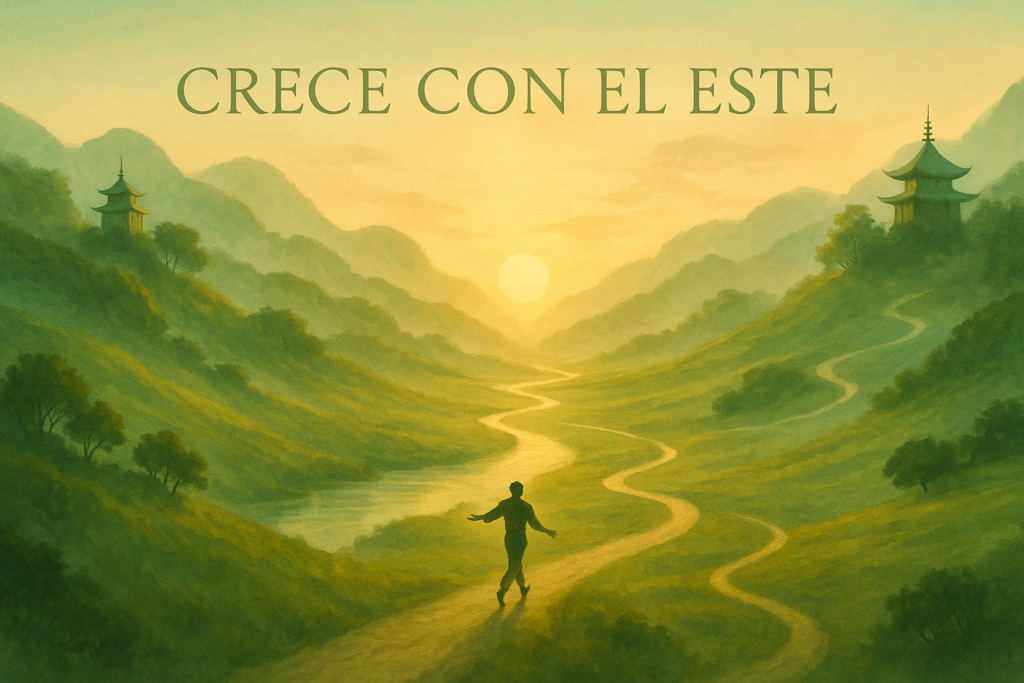 Paisaje sereno del Este con colinas verdes, un río fluyendo y una silueta caminando hacia un amanecer brillante.