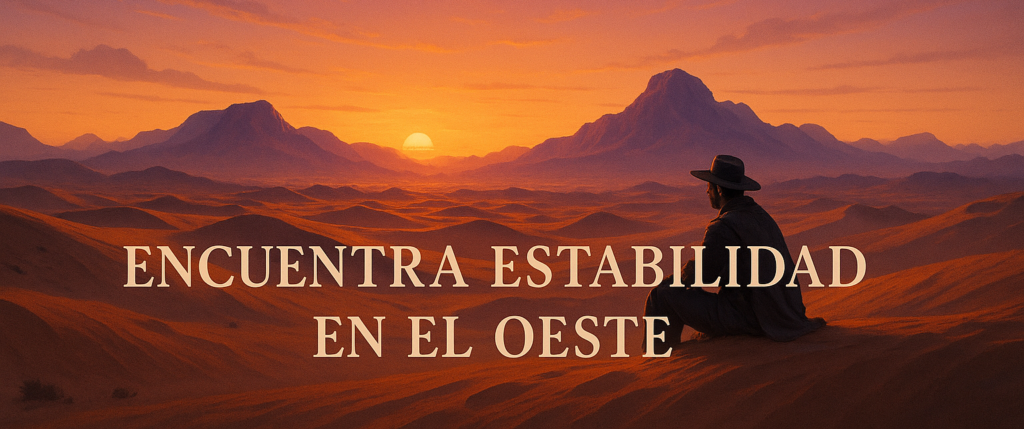 Viajero reflexionando en un desierto dorado al atardecer, bajo un cielo estrellado en tonos cálidos y violetas.