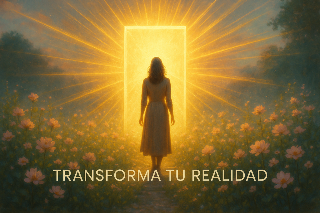 Mujer ante un portal luminoso en medio de la naturaleza, irradiando transformación espiritual y renacimiento interior.