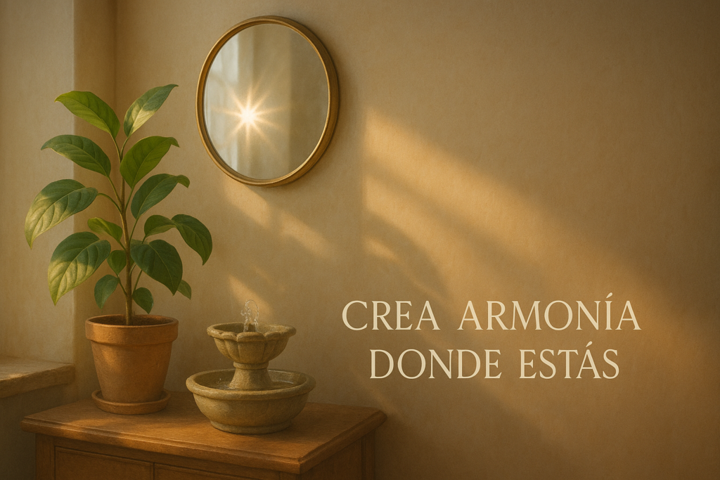 Rincón acogedor con espejo, planta y fuente reflejando luz suave
