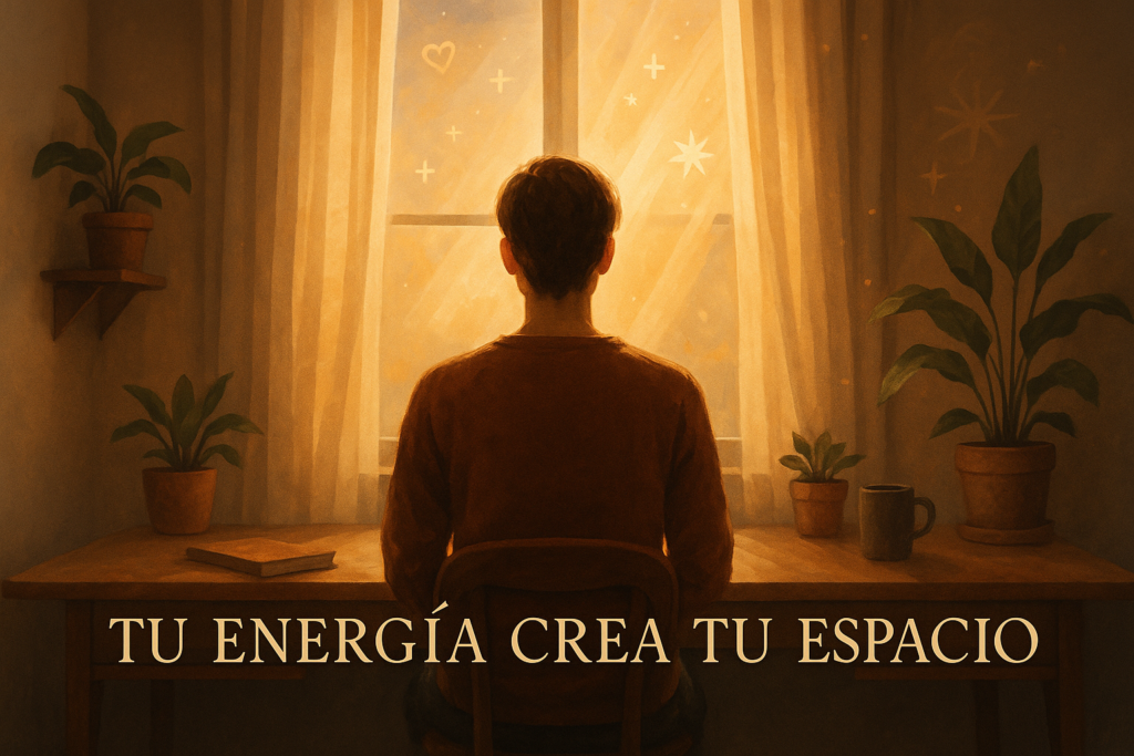 Persona practicando gratitud en su espacio de trabajo iluminado por luz natural