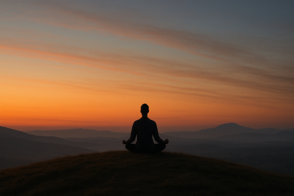 Persona sentada en posición de meditación sobre una colina al amanecer, con una mezcla de tonos anaranjados y azules en el cielo, transmitiendo paz interior y conexión espiritual.