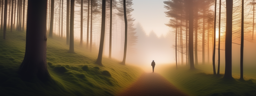 Figura solitaria caminando por un sendero entre árboles, con niebla matinal o luz de atardecer, en un entorno sereno y contemplativo.
