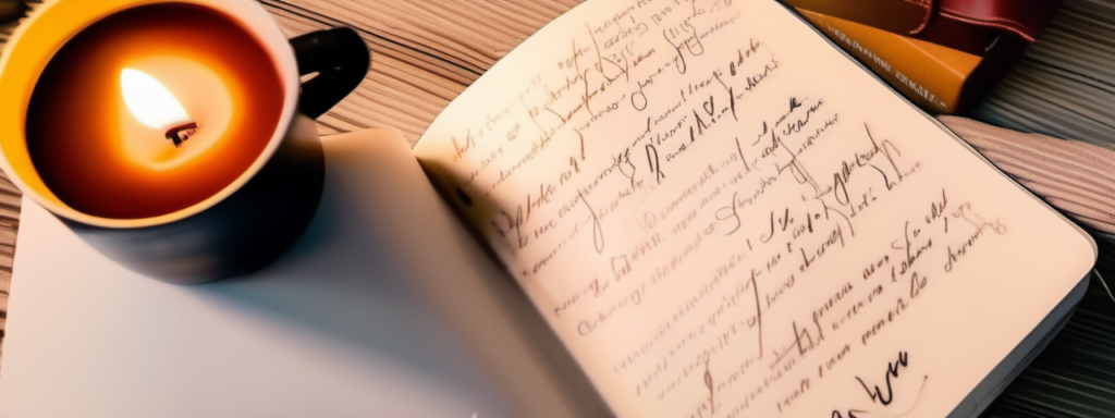 Vista cenital de un diario manuscrito junto a una vela encendida y una bebida caliente, en una escena acogedora y reflexiva.