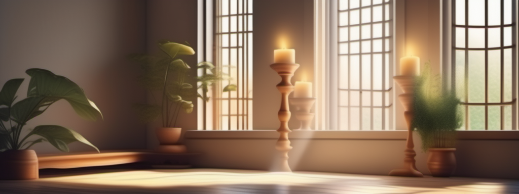 Luz solar entrando por la ventana de una habitación sencilla con velas, plantas y libros espirituales, en un ambiente introspectivo y pacífico.