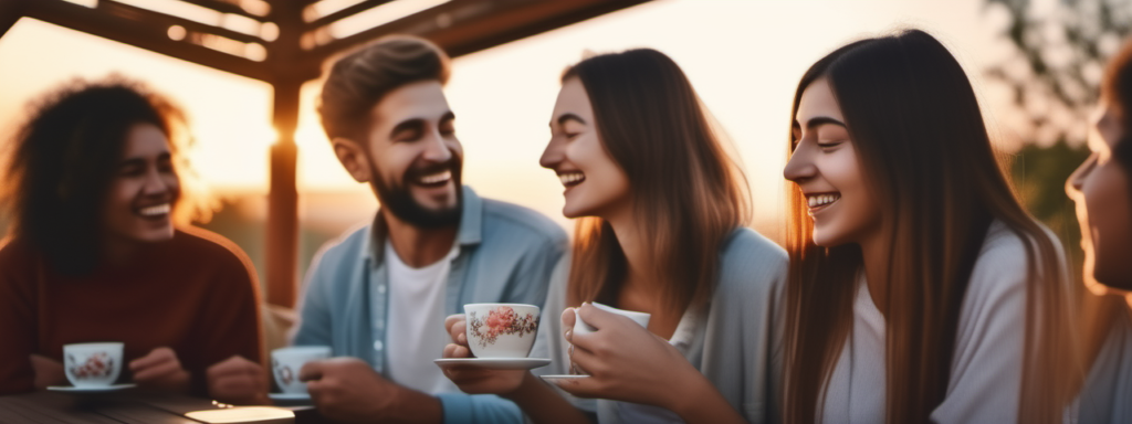 Escena emocional al atardecer con personas riendo o disfrutando de una taza de té en un entorno cálido y natural.