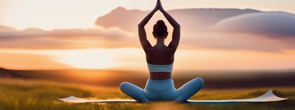 Persona en postura de yoga al aire libre, cuerpo relajado, luz cálida y naturaleza alrededor, transmitiendo serenidad y armonía.