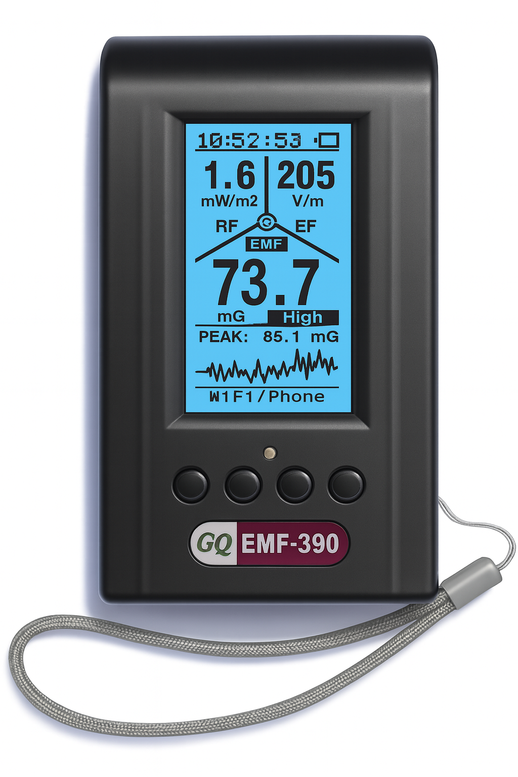 GQ EMF-390 midiendo niveles de radiación electromagnética con valores RF, EF y EMF en pantalla