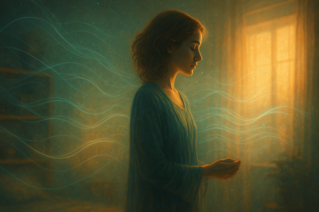 Una figura serena de pie en una habitación suavemente iluminada, con una cálida luz dorada entrando por una ventana y una suave niebla en el aire.